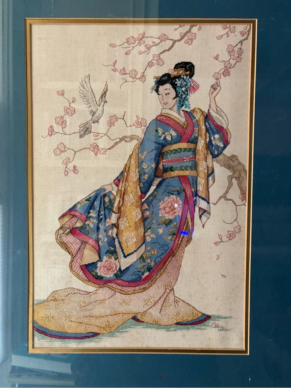 Vintage needlepoint, Japanese geisha, framed Asian art